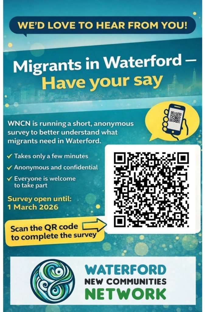 Anonymous survey for migrants in Waterford by Waterford New Communities Network (WNCN) – scan QR code.